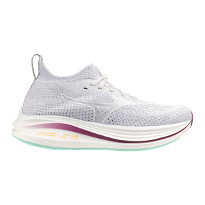White running shoe with purple accents on a white background
