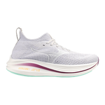 White running shoe with purple accents on a white background
