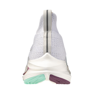 Back view of a sneaker with a white sole and colorful accents on a white background