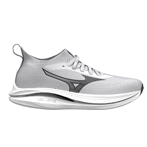 A pair of Mizuno Neo Zen athletic shoes featuring a 1-piece stretchable breathable knit upper in gray color with a seamless integrated tongue.