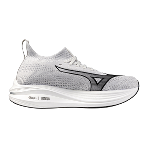 A pair of Mizuno Neo Zen athletic shoes featuring a 1-piece stretchable breathable knit upper in gray color with a seamless integrated tongue.