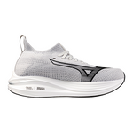 A pair of Mizuno Neo Zen athletic shoes featuring a 1-piece stretchable breathable knit upper in gray color with a seamless integrated tongue.