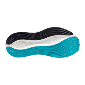 Close-up of a shoe sole with black, white, and blue layers on a white background