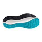 Close-up of a shoe sole with black, white, and blue layers on a white background
