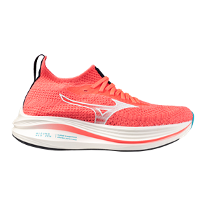 Red running shoe with a white sole on a white background