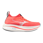 Red running shoe with a white sole on a white background