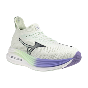 White running shoe with purple sole on a white background
