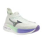 White running shoe with purple sole on a white background