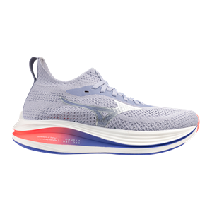 Gray running shoe with a colorful sole on a white background