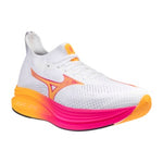 White running shoe with orange and pink gradient sole on a white background