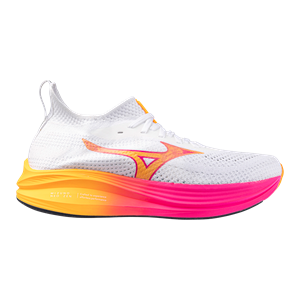 White running shoe with colorful sole on a white background