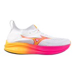 White running shoe with colorful sole on a white background
