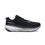 Black running shoe with white sole on a white background