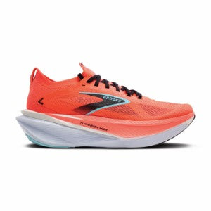 Orange running shoe with white sole on a white background