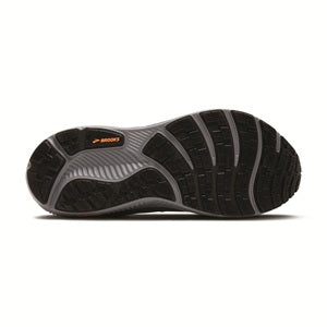 Black athletic shoe with a white background